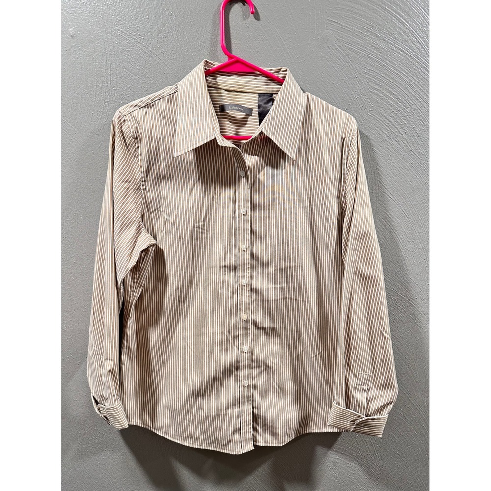 Liz Claiborne Womens Tan Pinstripe Button Down Shirt 100% Cotton Size 12
